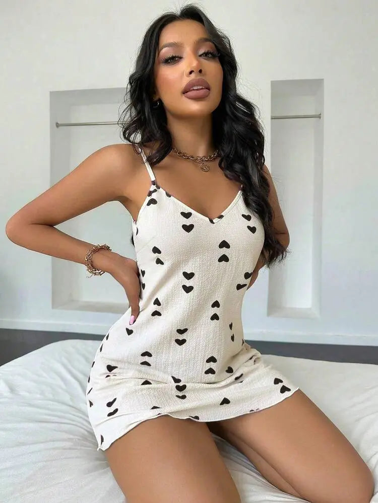 Heart Print Mini Slip Dress with Spaghetti Straps – Women’s Casual Summer Dress
