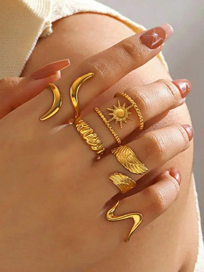 7-Piece Gold Open Rings Set – Sun, Moon & Wave Design