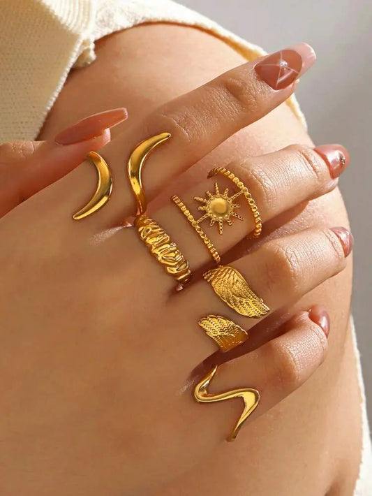 7-Piece Gold Open Rings Set – Sun, Moon & Wave Design