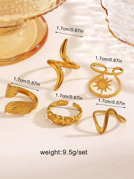 7-Piece Gold Open Rings Set – Sun, Moon & Wave Design