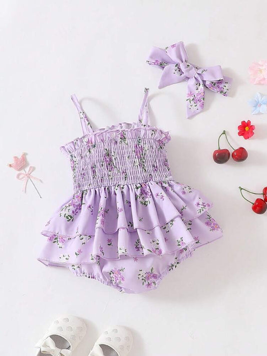 فستان رومبر بناتي مكشكش بنقشة الزهور مع فيونكة مطابقة - طقم صيفي بنفسجي فاتح