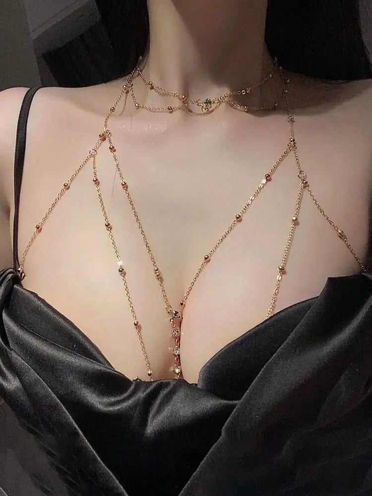 Gold Layered Body Chain Necklace – Elegant Crystal Chest Chain