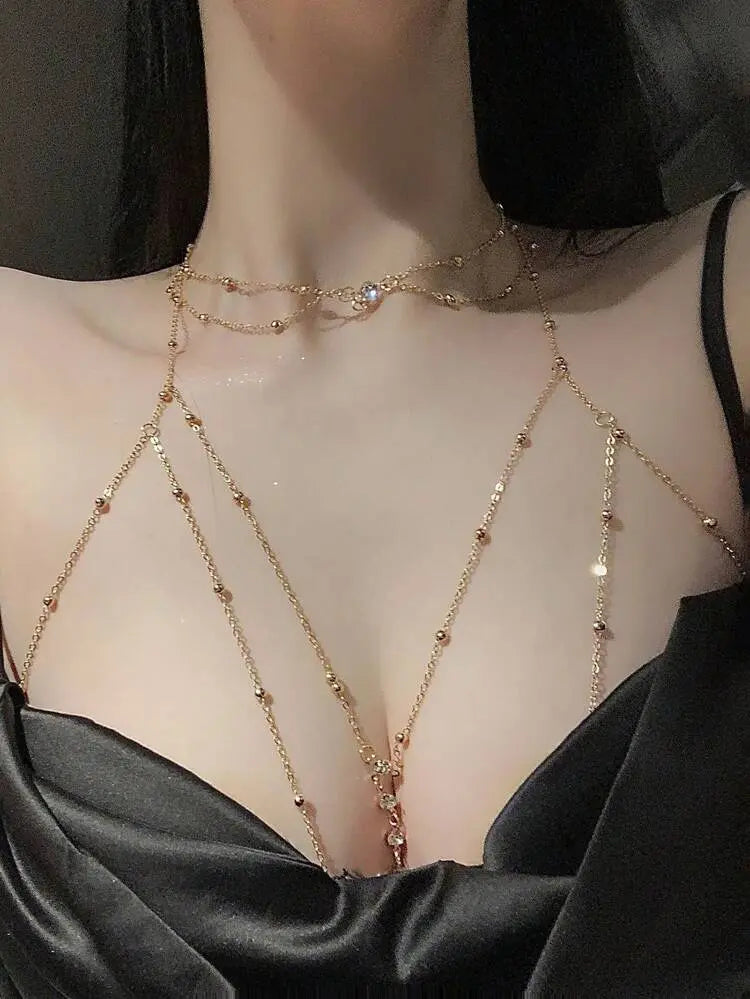 Gold Layered Body Chain Necklace – Elegant Crystal Chest Chain