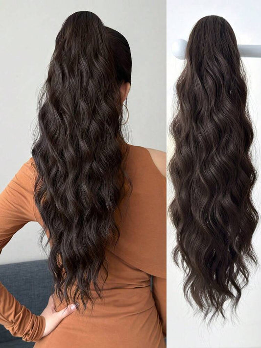 وصلة شعر ذيل حصان مموج طويل - ذيل حصان بني طبيعي بمشبك