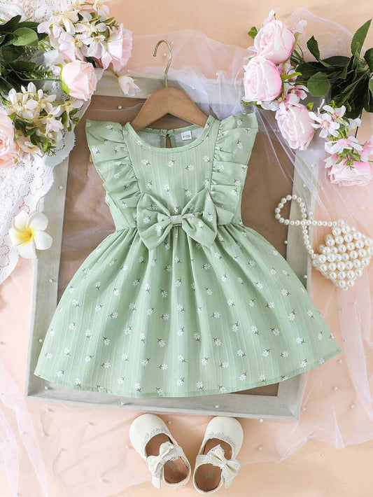 فستان أطفال بناتي مزين بفيونكة موردة – فستان حفلات باللون الأخضر النعناعي بأكمام مكشكشة