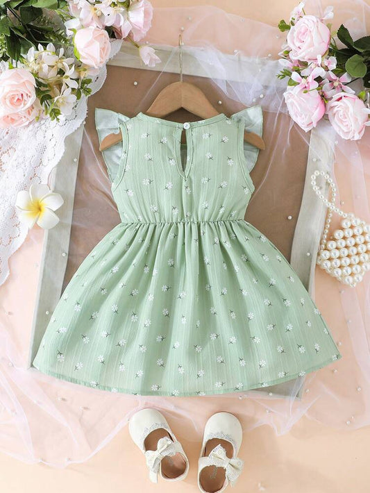 فستان أطفال بناتي مزين بفيونكة موردة – فستان حفلات باللون الأخضر النعناعي بأكمام مكشكشة