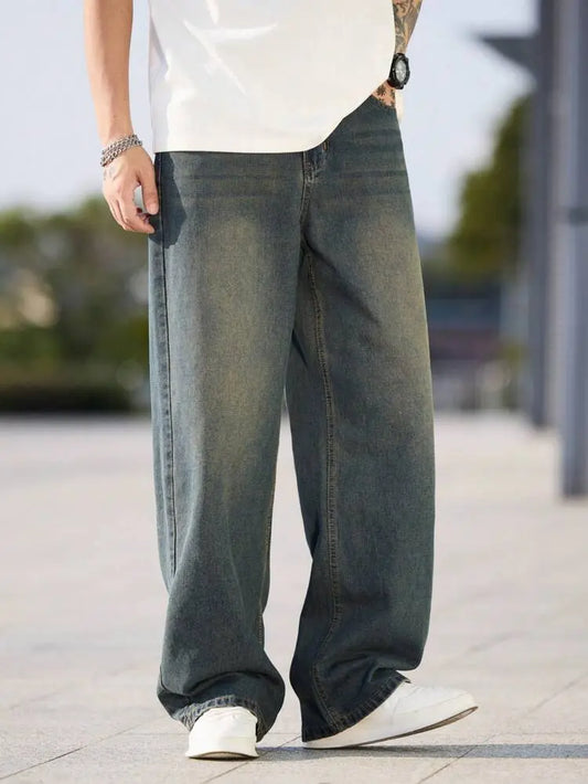 Men Vintage Washed Wide Leg Jeans