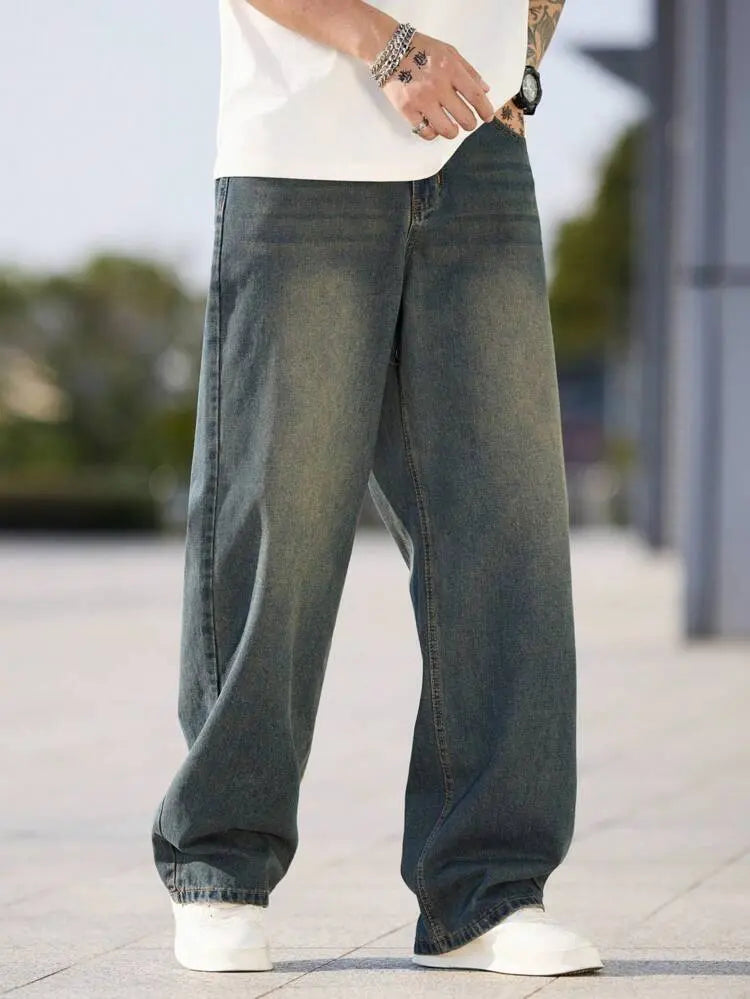 Men Vintage Washed Wide Leg Jeans
