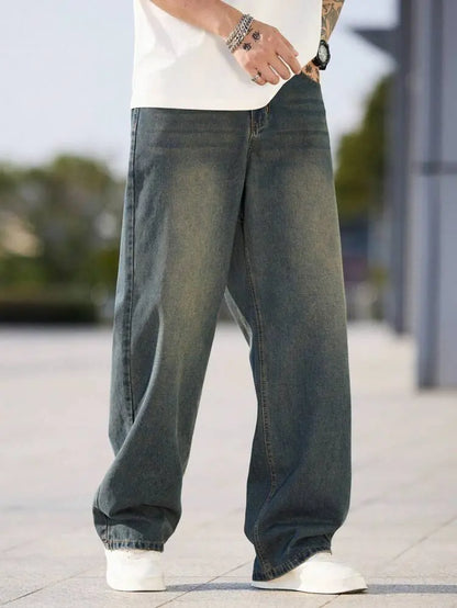 Men Vintage Washed Wide Leg Jeans
