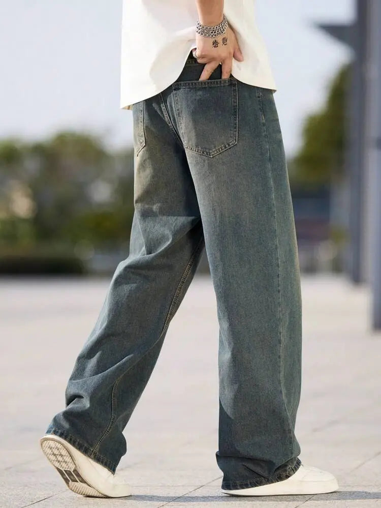 Men Vintage Washed Wide Leg Jeans