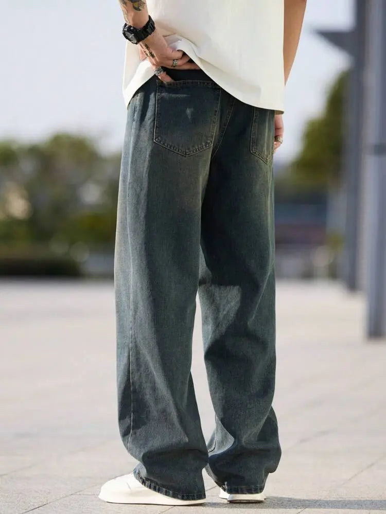 Men Vintage Washed Wide Leg Jeans