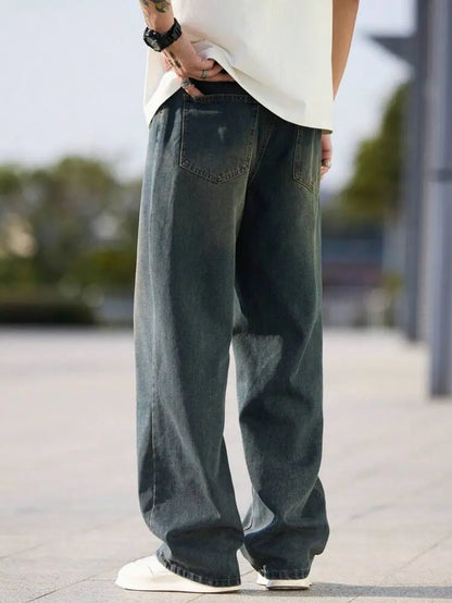 Men Vintage Washed Wide Leg Jeans