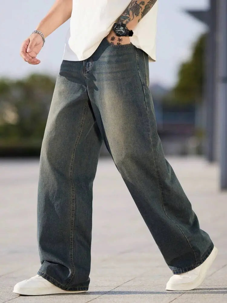 Men Vintage Washed Wide Leg Jeans