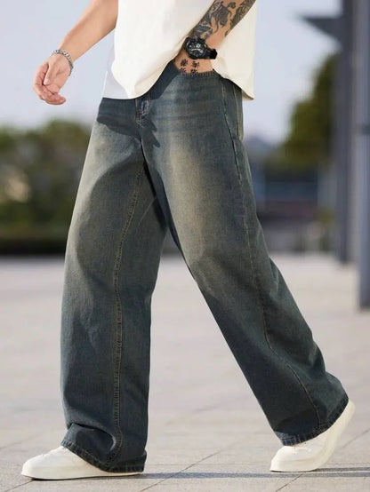 Men Vintage Washed Wide Leg Jeans