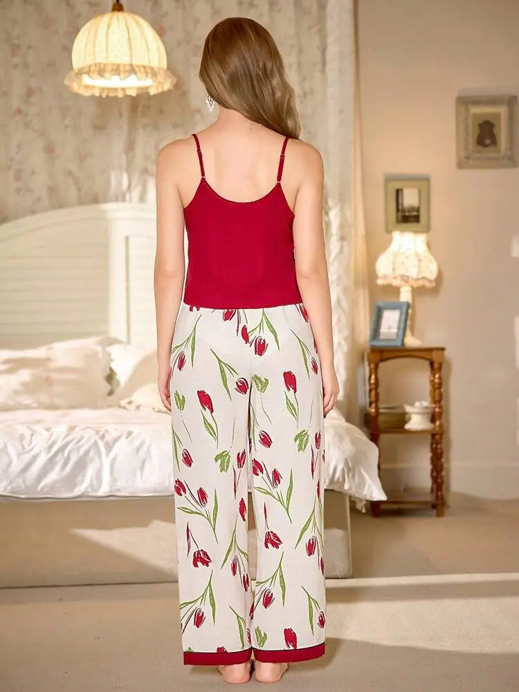 Shein Floral Pajama Set – Red Cami Top & Printed Pants | Delicado