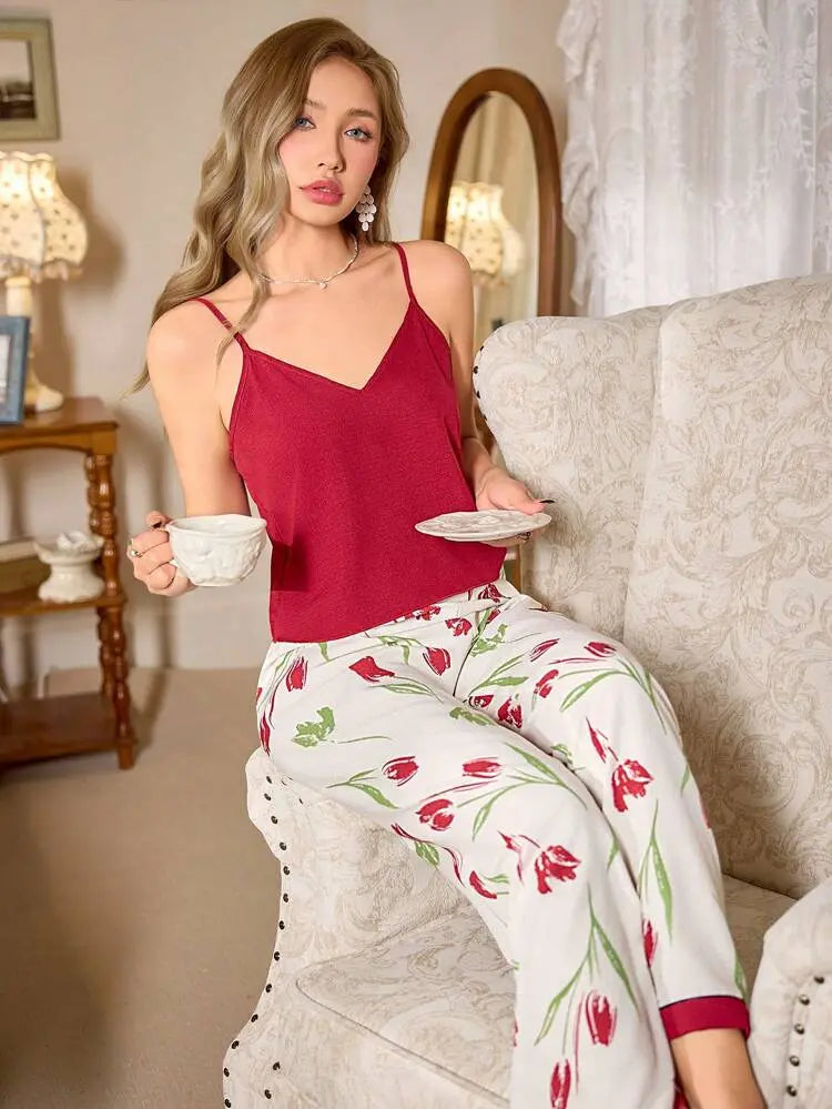 Shein Floral Pajama Set – Red Cami Top & Printed Pants | Delicado