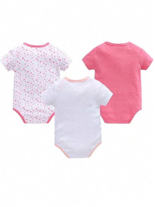 أطقم أفرولات من القطن للبنات الرضع، 3 قطع بكم قصير – بطبعة نجوم وتطريز فيل