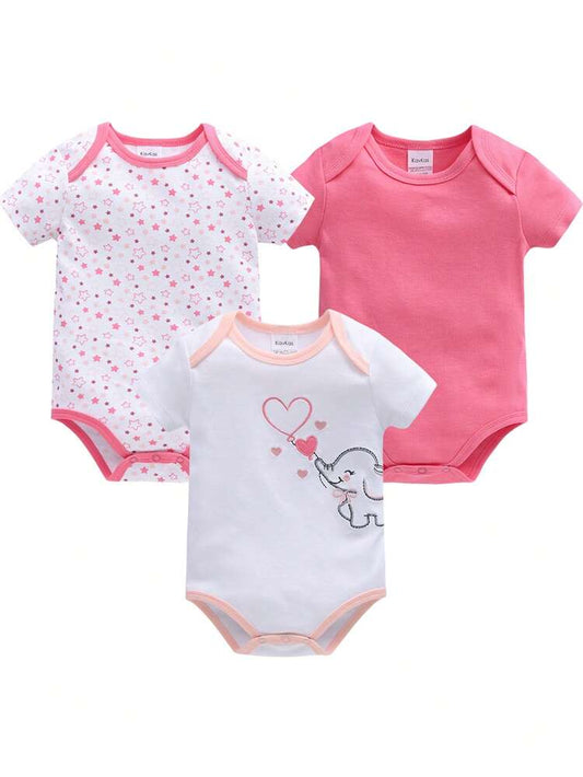 أطقم أفرولات من القطن للبنات الرضع، 3 قطع بكم قصير – بطبعة نجوم وتطريز فيل