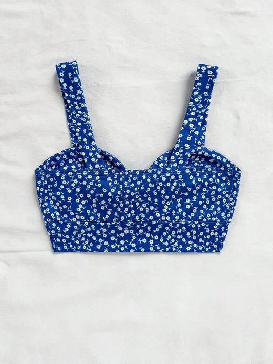 Blue Floral Tie-Front Crop Top for Women