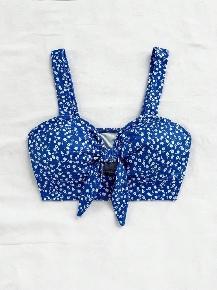 Blue Floral Tie-Front Crop Top for Women