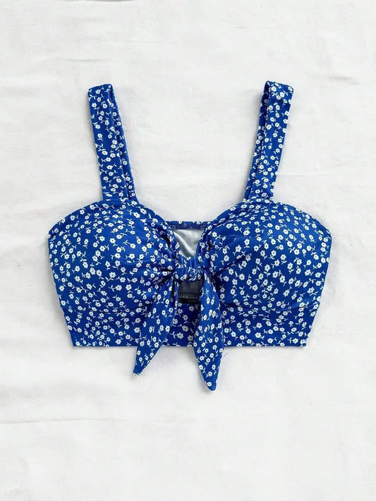 Blue Floral Tie-Front Crop Top for Women