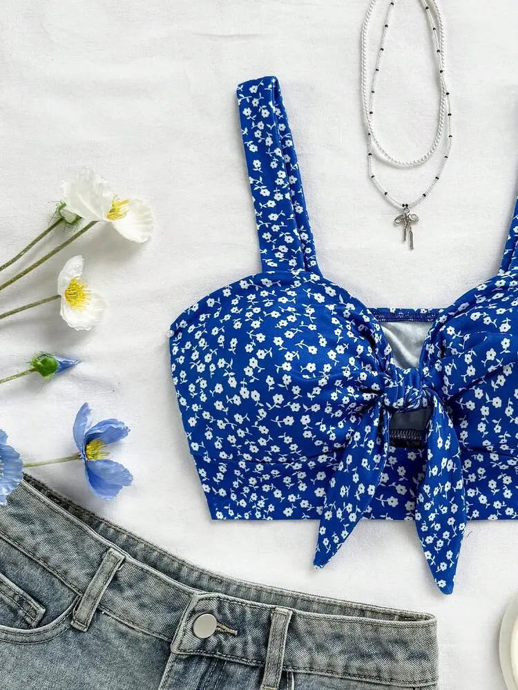 Blue Floral Tie-Front Crop Top for Women