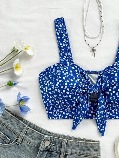Blue Floral Tie-Front Crop Top for Women