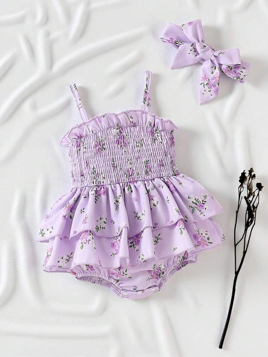 فستان رومبر بناتي مكشكش بنقشة الزهور مع فيونكة مطابقة - طقم صيفي بنفسجي فاتح