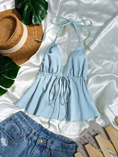 Shein Tie-Front Halter Top – Light Blue | Delicado