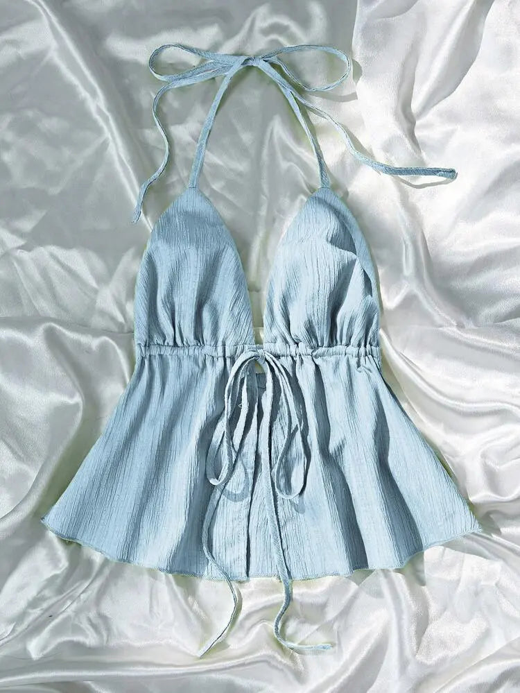 Shein Tie-Front Halter Top – Light Blue | Delicado