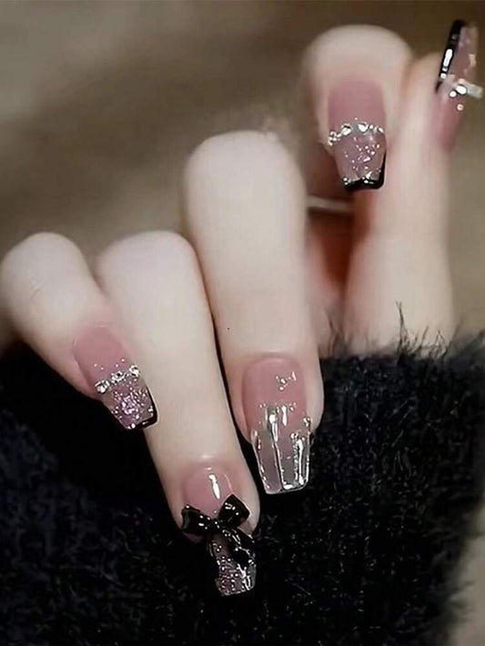 أظافر صناعية فرنسية سوداء لامعة - 24 قطعة من الأظافر الأكريليك المربعة اللامعة بلون نيود للنساء