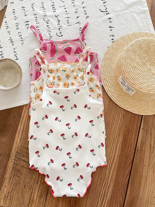 طقم بودي سوت مضلع للرضع من 3 قطع للفتيات – بنقش الكرز، الأقحوان والبطيخ بدون أكمام صيفي