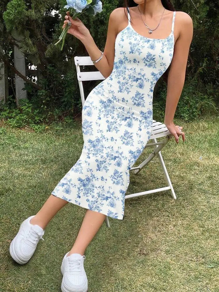 Shein Floral Print Midi Dress with Spaghetti Straps – Casual Slim Fit | Delicado
