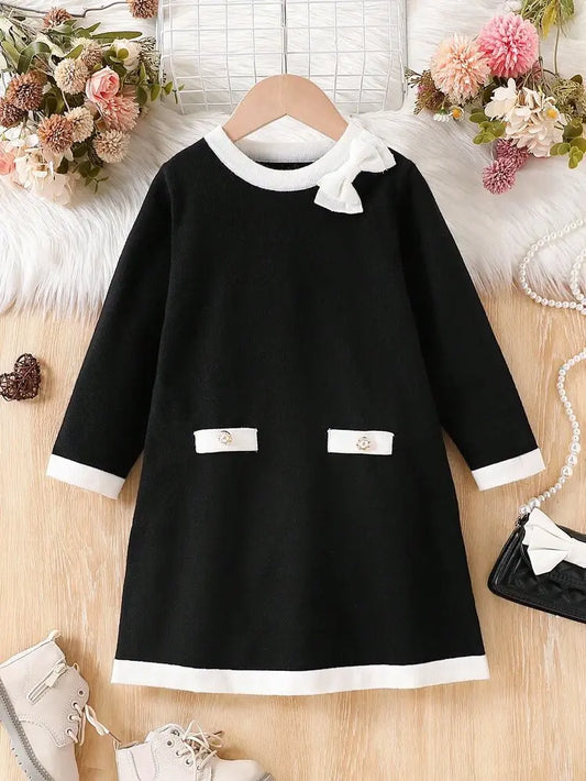 Girls Black Dress with White Trim and Bow Shein Instant – Winter Kids Dress | Delicado