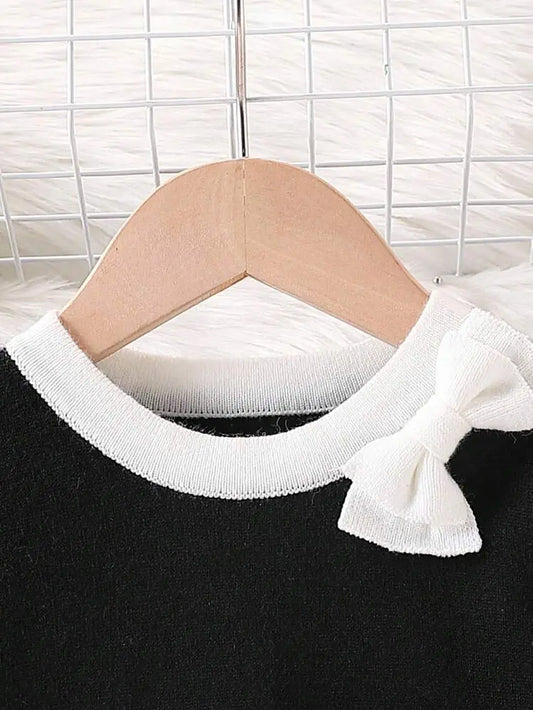 Girls Black Dress with White Trim and Bow Shein Instant – Winter Kids Dress | Delicado