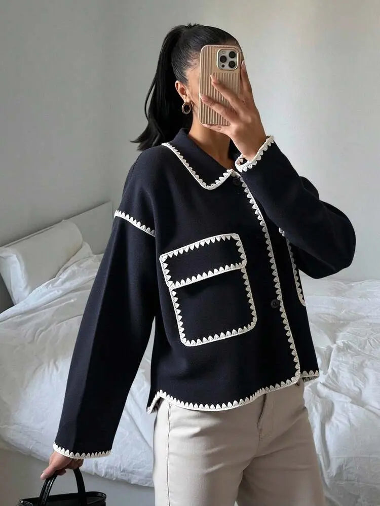 Contrast Trim Knit Cardigan with Pockets – Women’s Casual Button-Up Jacket