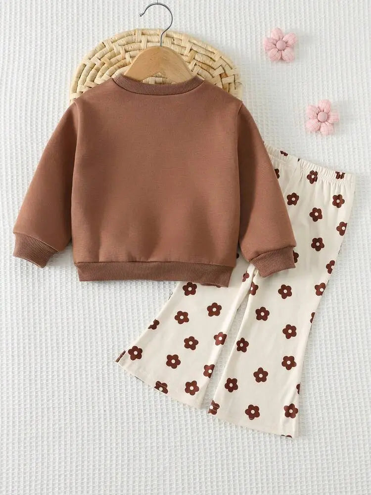 Shein Fast Delivery Kids Brown Sweatshirt & Floral Pants Set – Girls Casual Outfit | Delicado