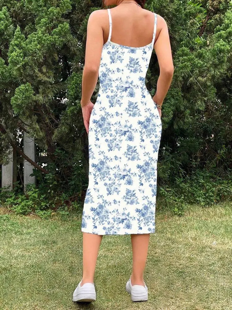 Shein Floral Print Midi Dress with Spaghetti Straps – Casual Slim Fit | Delicado