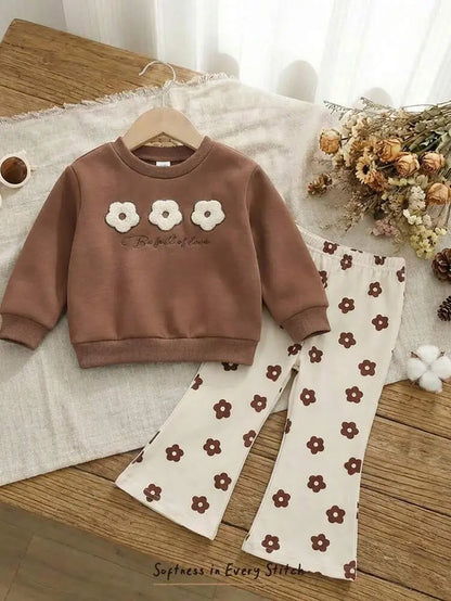 Shein Fast Delivery Kids Brown Sweatshirt & Floral Pants Set – Girls Casual Outfit | Delicado