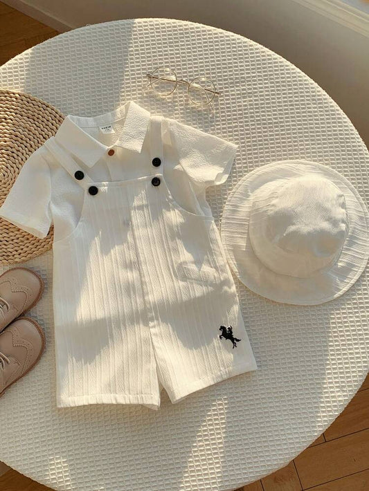 طقم سالوبيت أبيض ولادي مع حمالات – قطعة واحدة بتصميم قميص بياقة