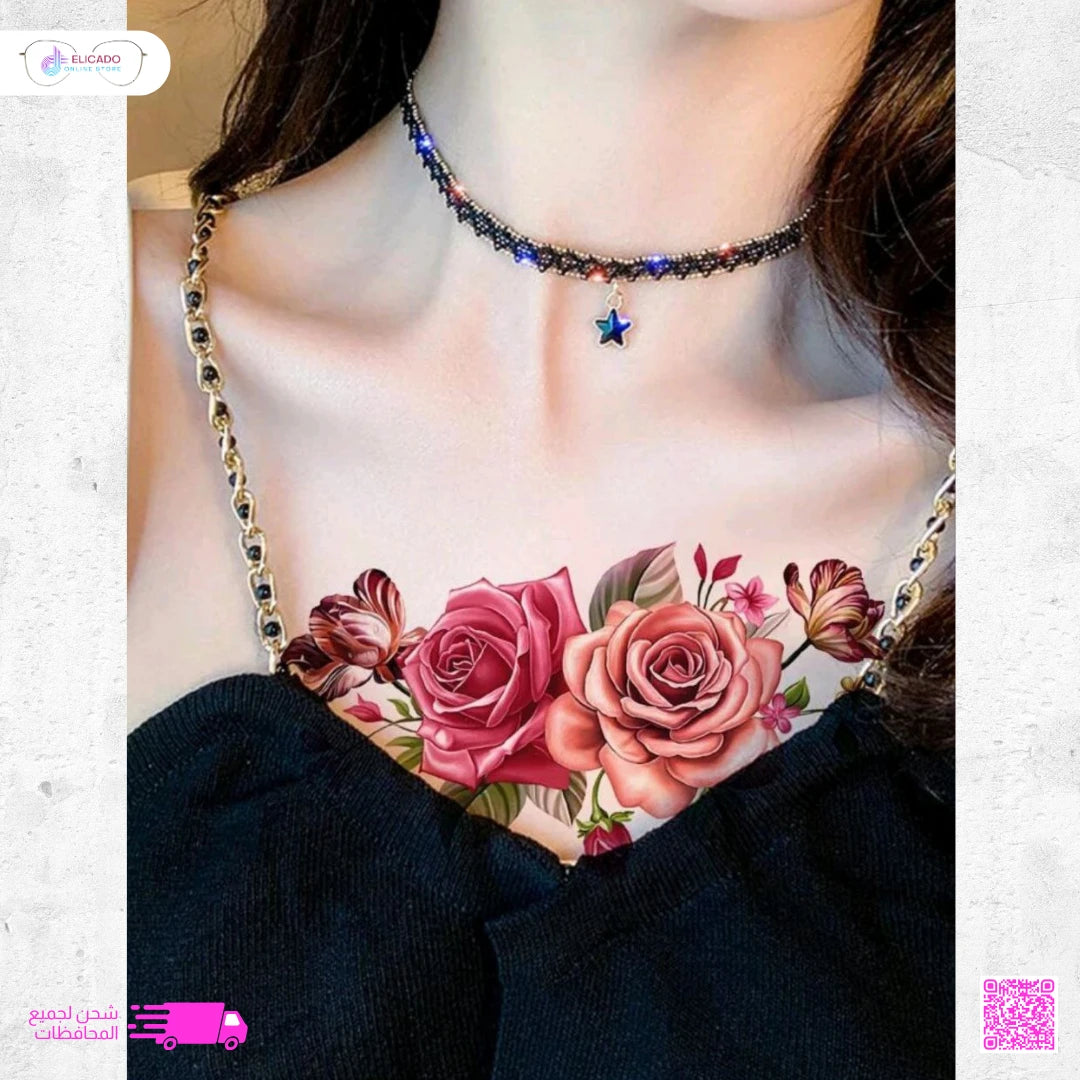 وشم مؤقت - تصميم باقة زهور بألوان وردية وزهرية، ناعم وأنثوي