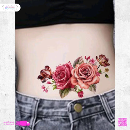 وشم مؤقت - تصميم باقة زهور بألوان وردية وزهرية، ناعم وأنثوي