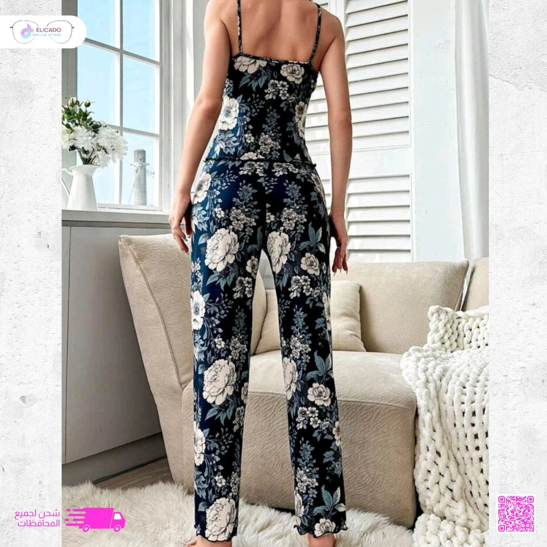 Women's Floral Pajama Set – Sleeveless Top with Wide-Leg Pants