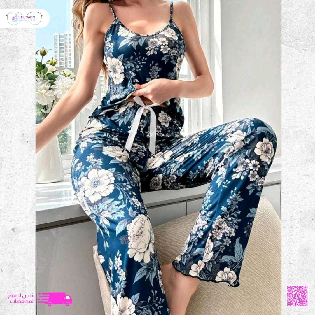 Women's Floral Pajama Set – Sleeveless Top with Wide-Leg Pants