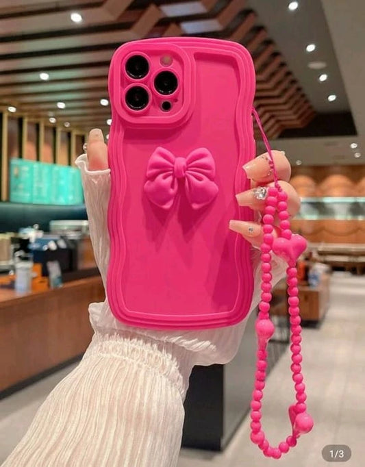 جراب هاتف سيليكون وردي اللون بتصميم أنثوي، مزين بفيونكة ثلاثية الأبعاد وحزام من الخرز على شكل قلب - لطيف وواقي