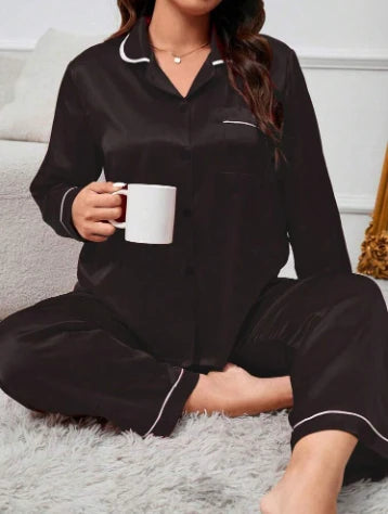 Women's Black Satin Pajama Set – Button-Up Shirt & Wide Pants