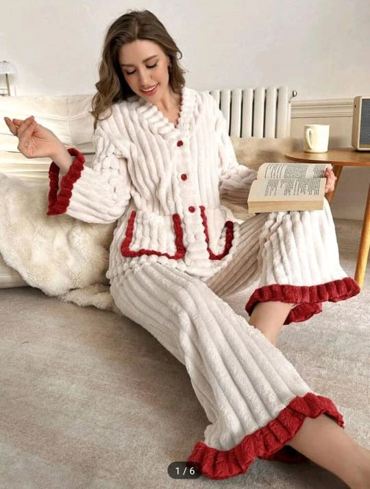 Winter Fleece Pajama Set - White Ribbed with Red Accents