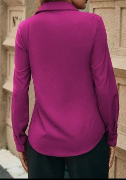 Women's Satin Long Sleeve Shirt – Decorative Flower Detail – Elegant Fuchsia Red