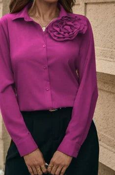 Women's Satin Long Sleeve Shirt – Decorative Flower Detail – Elegant Fuchsia Red