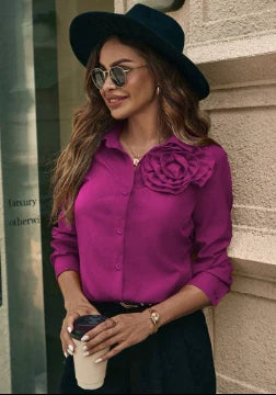 Women's Satin Long Sleeve Shirt – Decorative Flower Detail – Elegant Fuchsia Red